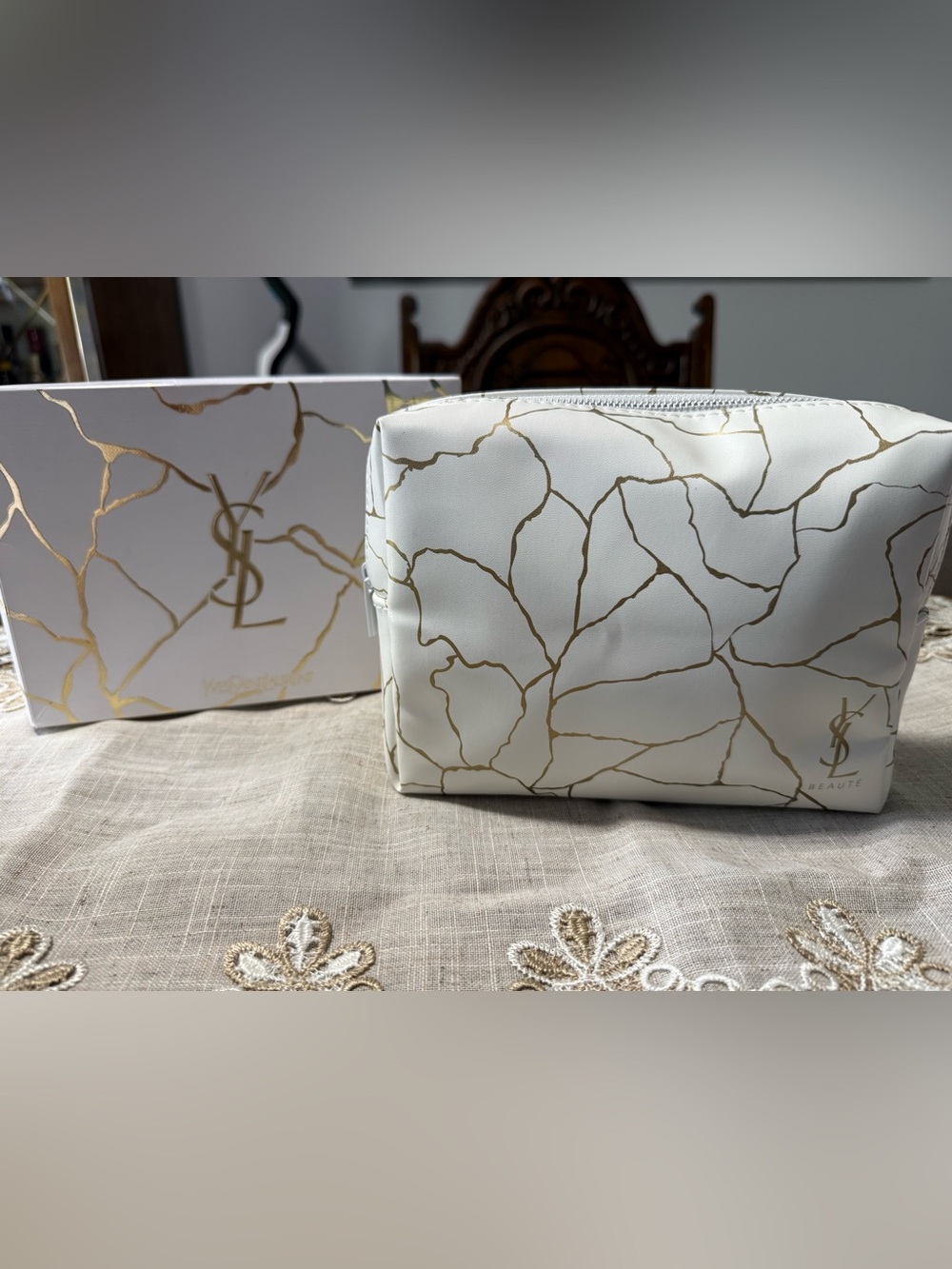 Yves Saint Laurent White & Gold Vein-Print Cosmetic Pouch